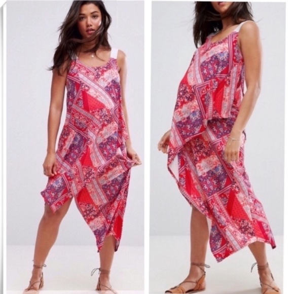 Asos Floral with Paisley Print Red Drape Midi Dress in Red - Picture 2 of 8